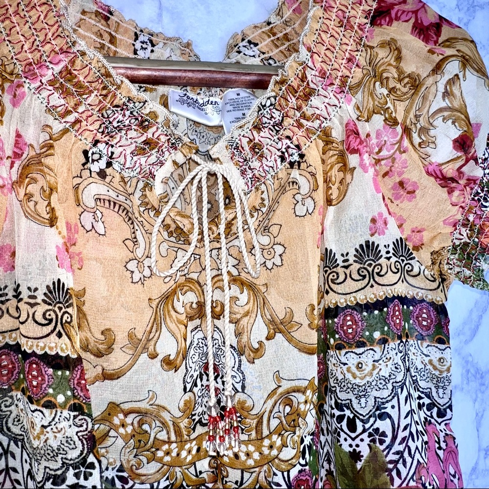 Forbidden LA Women’s Floral Paisley Boho Peasant Blouse Size M - Picture 2 of 7